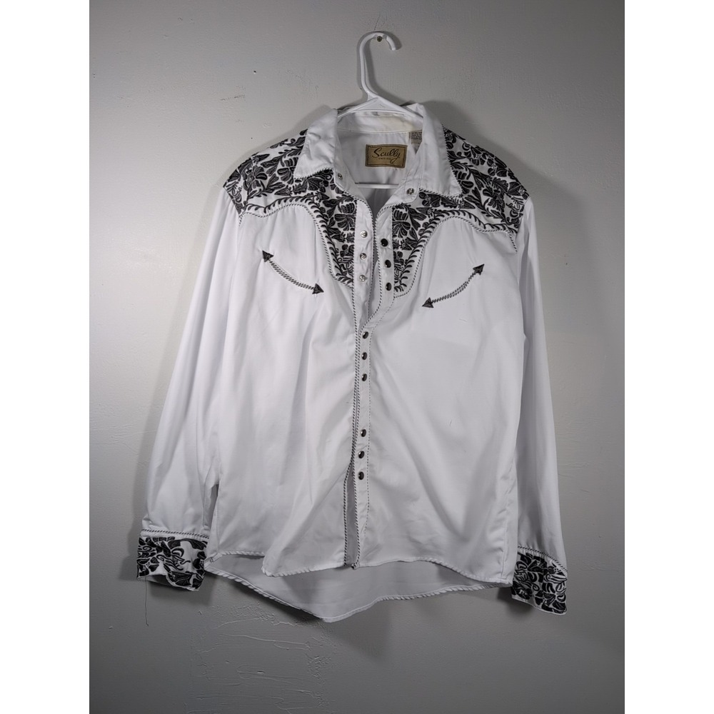 Scully White Western Button-Down Shirt with Black Floral Embroidery